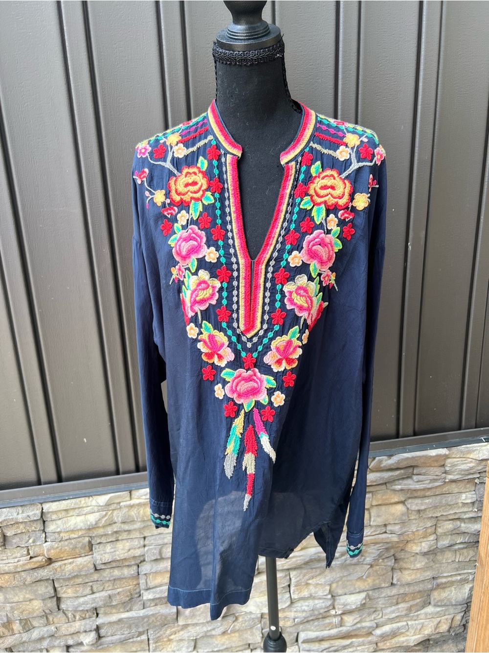 Johnny Was Navy Embroidered Floral V-Neck Tunic